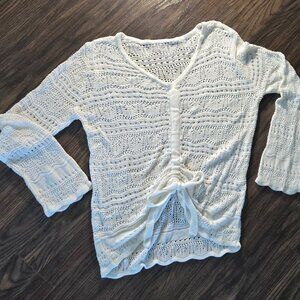 Boho Style White Crochet Tunic Sweater w/ Tie/Cinch Detail SIZE L